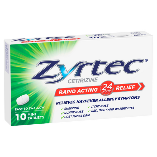 Zyrtec Cetirizine Rapid Acting 24 Hour Relief 10 Mini Tablets