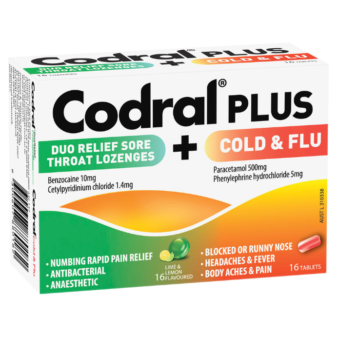 CODRAL® Plus Duo Relief Sore Throat Lozenges Lime & Lemon Flavoured + Cold & Flu 32 Pack