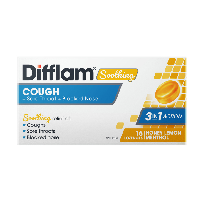 Difflam Soothing Cough + Sore Throat + Blocked Nose Honey Lemon Menthol 16 Lozenges
