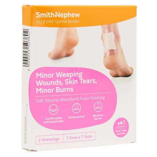 ALLEVYN GENTLE BORDER Soft Silicone Absorbent Foam Dressing 7.5cm x 7.5cm 2 Pack