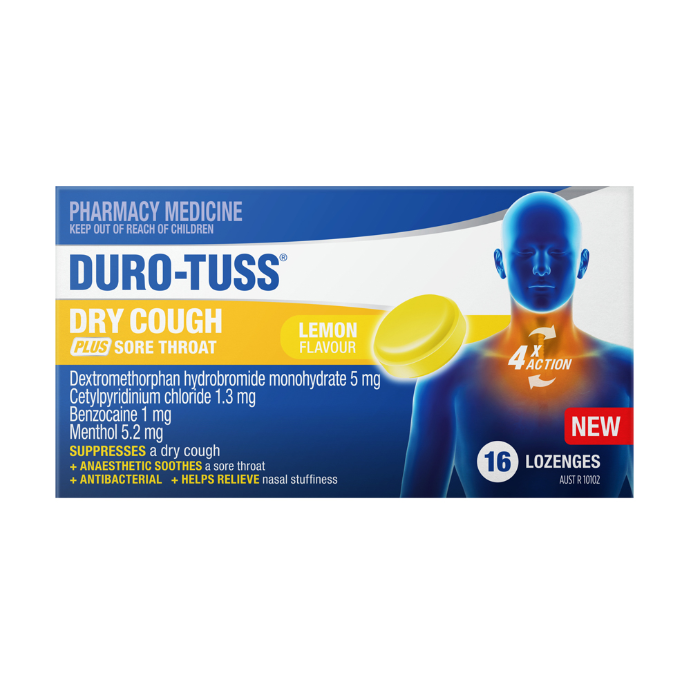Duro-Tuss Dry Cough PLUS Sore Throat Lemon Flavour 16 Lozenges