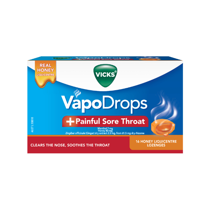 Vicks VapoDrops + Painful Sore Throat Honey Liquicentre 16 Lozenges