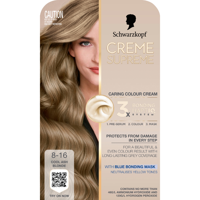 Schwarzkopf Creme Supreme Cool Ash Blonde Hair Dye 8-16 Permanent 245mL