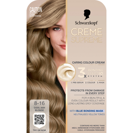 Schwarzkopf Creme Supreme Cool Ash Blonde Hair Dye 8-16 Permanent 245mL