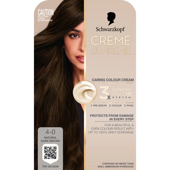 Schwarzkopf Creme Supreme Natural Dark Brown Hair Dye 4-0 Permanent 245mL