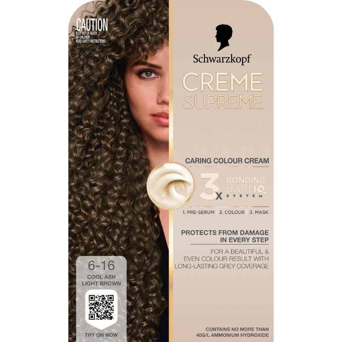 Schwarzkopf Creme Supreme Cool Ash Light Brown Hair Dye 6-16 Permanent 245mL