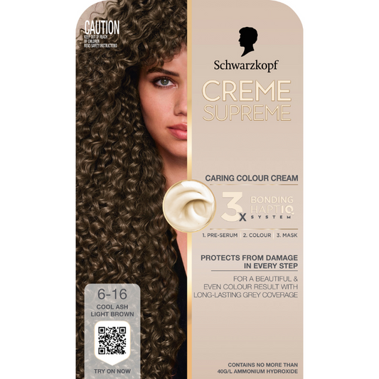 Schwarzkopf Creme Supreme Cool Ash Light Brown Hair Dye 6-16 Permanent 245mL