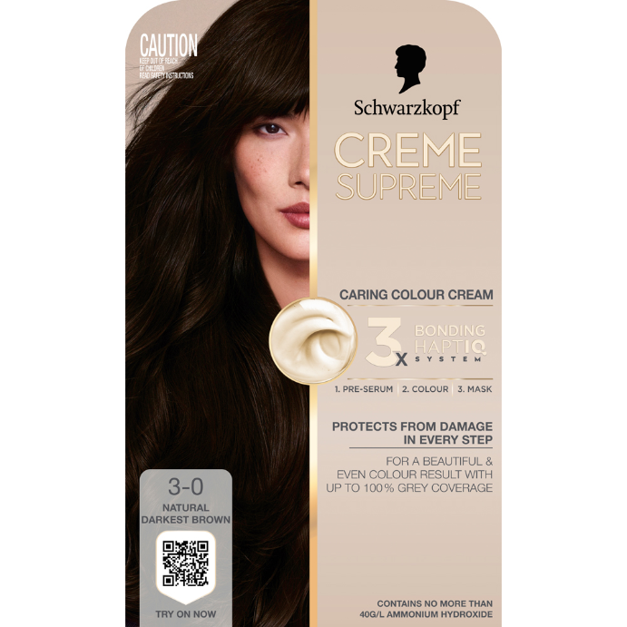 Schwarzkopf Creme Supreme Natural Darkest Brown Hair Dye 3-0 Permanent 245mL