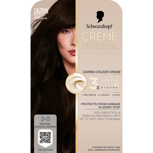 Schwarzkopf Creme Supreme Natural Darkest Brown Hair Dye 3-0 Permanent 245mL