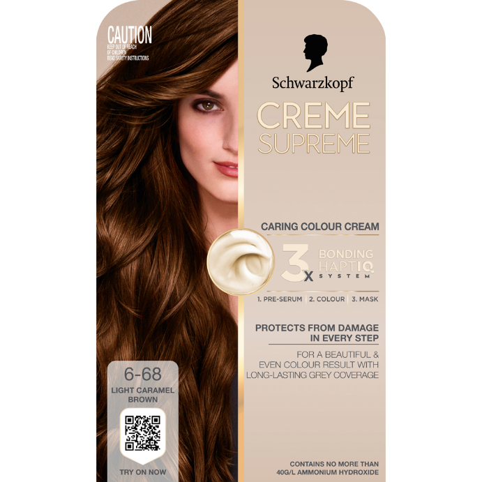 Schwarzkopf Creme Supreme Light Caramel Brown Hair Dye 6-68 Permanent 245mL
