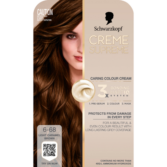 Schwarzkopf Creme Supreme Light Caramel Brown Hair Dye 6-68 Permanent 245mL